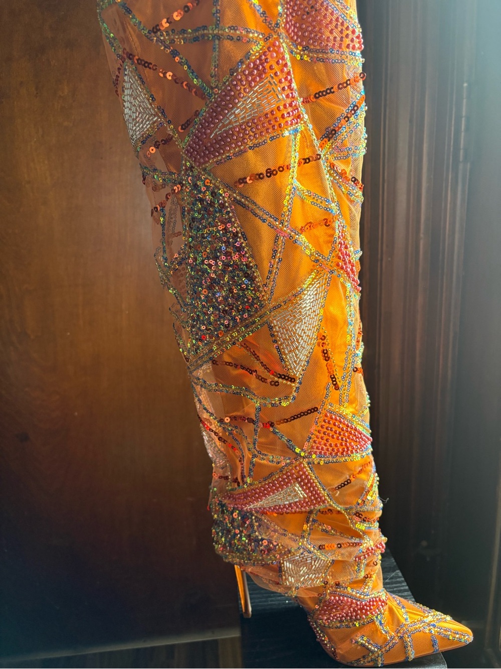 💯 NEW Azalea Wang Orange Embellished Sequin Knee-High Skirt Boot
